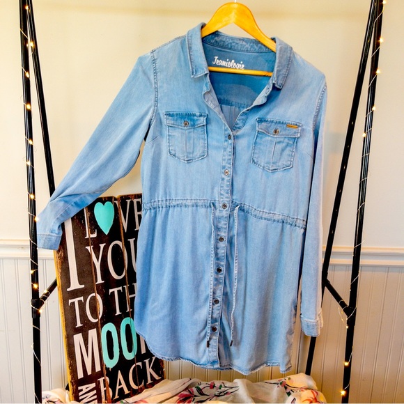 Jeaniologie Light Denim Jumper Drawstring Waist & Button Roll-Up Sleeves Size M - Picture 7 of 10